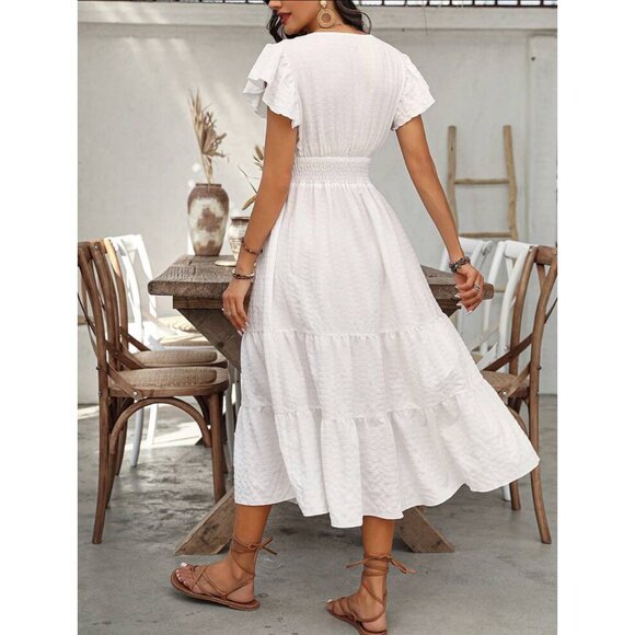 Shirred empire waist ruffle short sleeve v neck maxi dress white boho - Picture 2 of 2